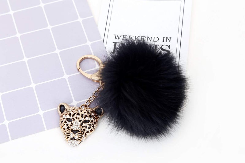 Giftale Leopard with Black Fox Fur Pom Pom Keychain for Women Ball Bag Charm - Image 4